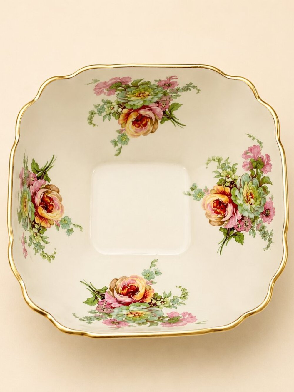 Vintage Old Foley James Kent Ltd Floral Square Bowl Gold Trim Made in England